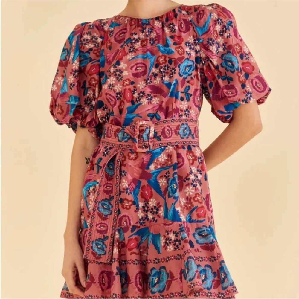 FARM Rio Pink Floral Belted Puff-Sleeve Dress with Blue Accents